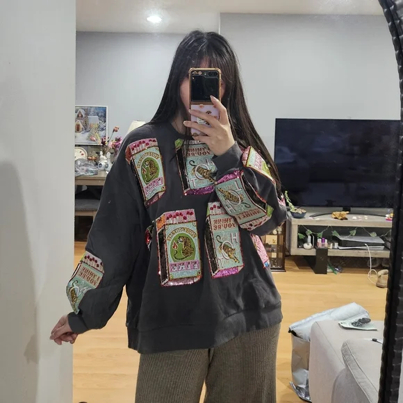 Queen Of Sparkles Sequin Tiger Matches Patchwork Sweatshirt - Picture 2 of 7